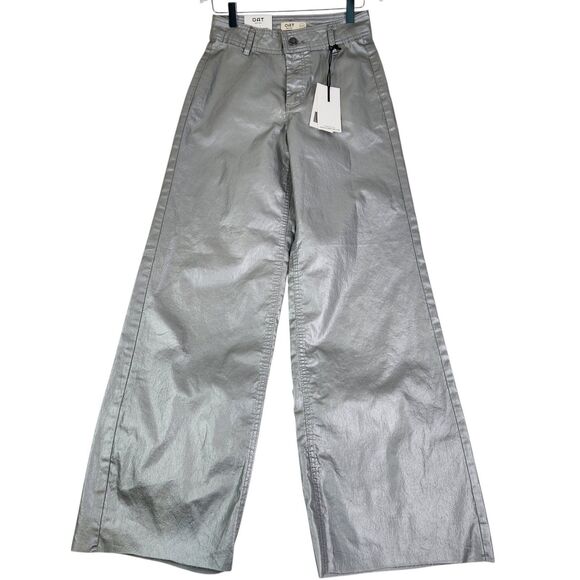 OAT New York Pants Womens 4 27 Silver High Rise Wide Leg Metallic Coated Denim - Picture 1 of 12